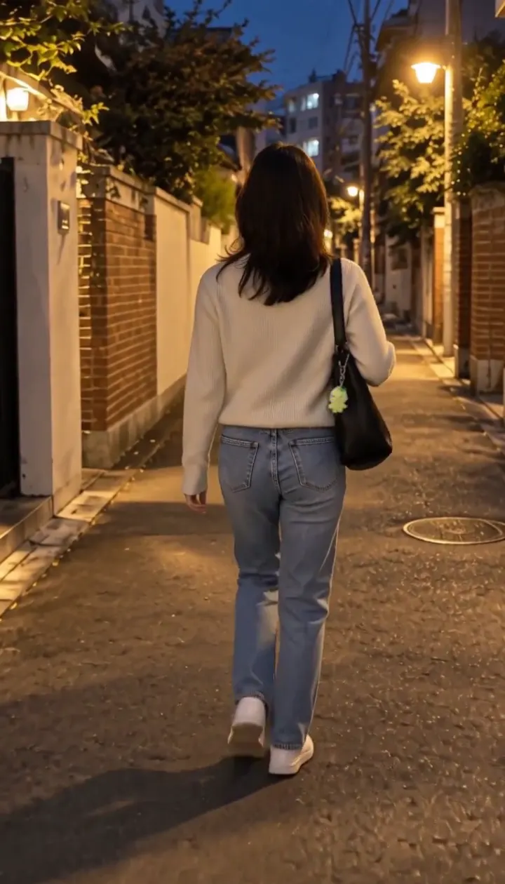 밤 골목길을 걷는 사람의 가방에서 빛나는 키링