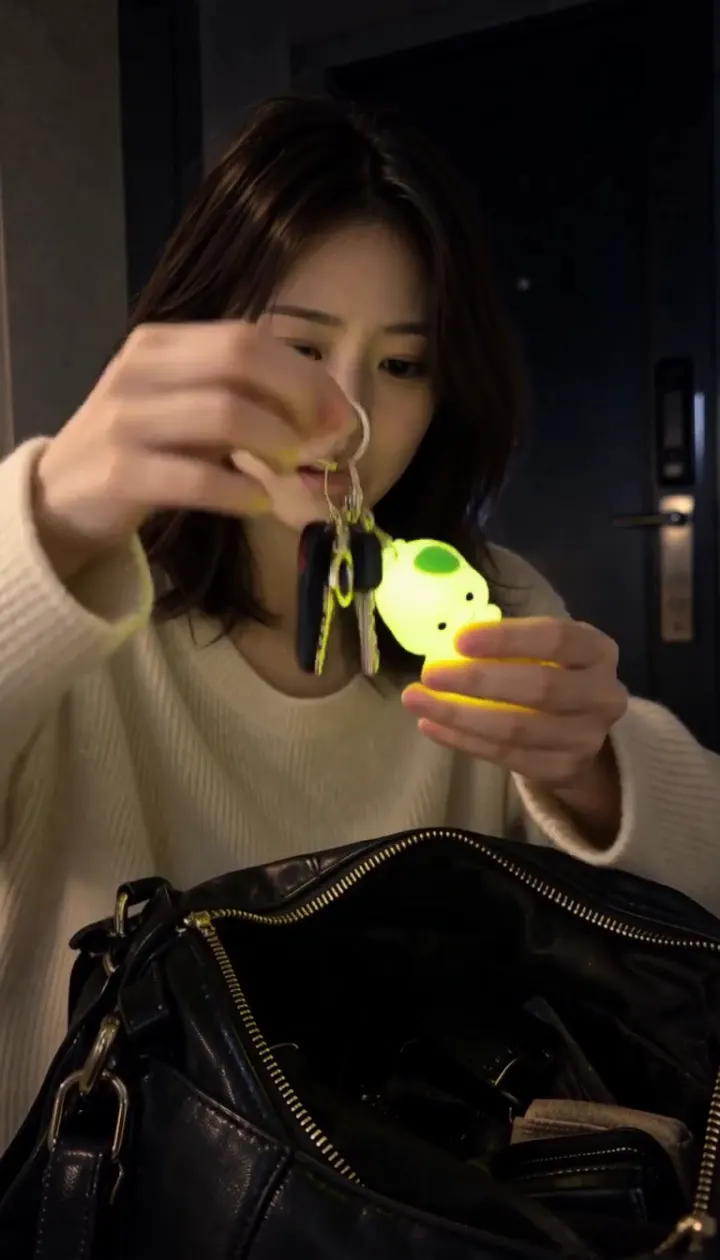 어두운 곳에서 빛나는 키링이 달린 열쇠를 꺼내는 모습