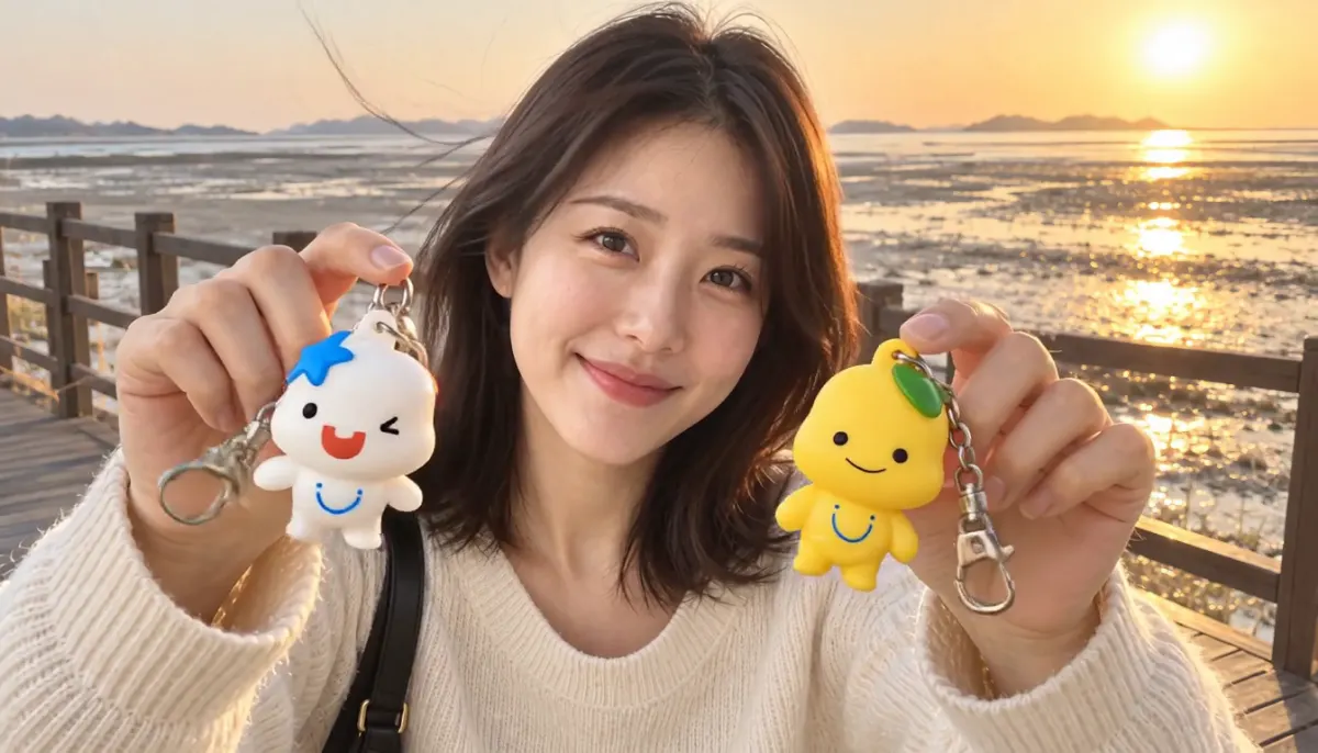 노을 진 시흥 바닷가 데크에서 흰 해로와 노란 토로 키링을 들어 보이는 모습